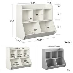 the measurements for a bookcase with three sections and four compartments, including one shelf