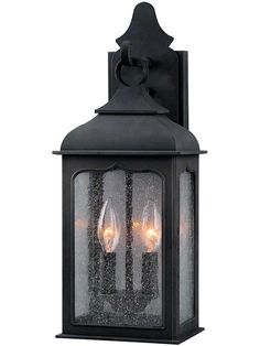 two light outdoor wall lantern with frosted glass panels and metal frame, black finish