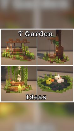 four different views of a garden with trees and plants