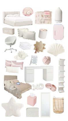 a collage of pink and white items including a bed, dresser, mirror, soap dispenser