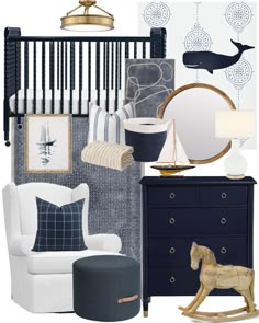 a baby's room with blue, white and gold accents including a rocking chair