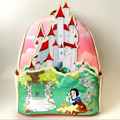 Disney (By Loungefly)- Features This Cute Snow White Mini Backpack With A Castle Appliqu Background. Designed With Embroidery On The Front And A Scenic Background On The Reverse Side. Brand New, Never Used. -Details: *Zippered Main Compartment *1 Zippered Front Pocket *2 Open Side Pockets *Adjustable Straps *Printed Inner Lining *L: 9”Xw: 4.5”Xh: 10.5” Cute Standard Backpack For Theme Park, Cute Standard Backpack For Theme Parks, Disney Gingerbread House, White Mini Backpack, Sanrio Backpack, Mickey Backpack, Mermaid Backpack, Castle Series, Disney 50th Anniversary