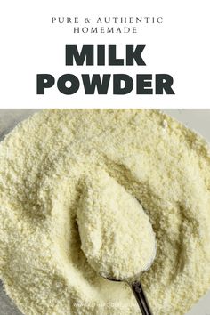 a spoon full of white powder with the words pure and authentic homemade milk powder