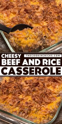 two images showing different types of casserole with cheese and beef on top, in glass baking dish