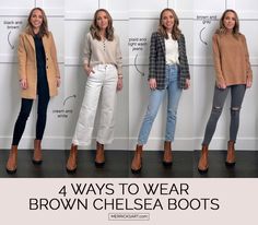 4 Outfits with Brown Chelsea Boots - Merrick's Art Outfits With Brown Heeled Boots, Chelsea Boot Style Woman, Ways To Style Chelsea Boots, Brown Boot Outfits Winter, Dressing Up Chelsea Boots, Chelsea Boot Office Outfit, Merricks Art Chelsea Boots, Work Outfits Brown Boots, Marc Fisher Chelsea Boots Outfit