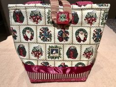 Christmas Burgundy Santa Bells Wreath Stocking Candy Canes Tote Bag Handmade Doodaba Handbag Christmas Burgundy, Purple Tote Bag, Stars Fabric, Picnic Tote, Christmas Tote Bags, Christmas Tote, Fabric Purses, Practical Bag, Handmade Tote