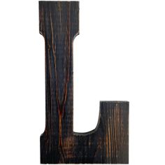 the letter l is made out of wood and has been painted black with brown streaks