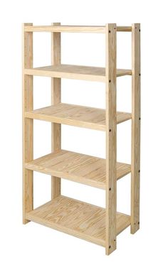 a wooden shelf with three shelves on each side