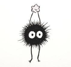 a black and white drawing of an animal with big eyes holding a star above its head