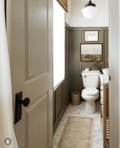 a white toilet sitting inside of a bathroom next to a doorway with a rug on the floor