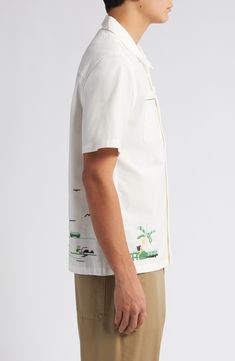 Palm-themed cross-stitching lends an artisanal touch to a festival-ready camp shirt cut from a breathable blend of cotton and linen. 28" length; 43" chest (size Medium) Front button closure Convertible collar Short sleeves Chest patch pockets 84% cotton, 16% linen Machine wash, line dry Imported Convertible Collar, Skirt Swimsuit, Walker Shoes, Camp Shirt, Chest Size, Cross Stitching, Pant Shirt, Fabric Gifts, Camping Shirt