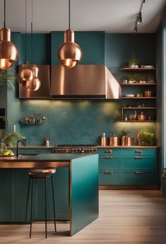 a kitchen with copper and teal colored cabinets, an island countertop and stools