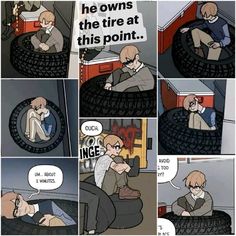 a comic strip with an image of a man sitting on a tire