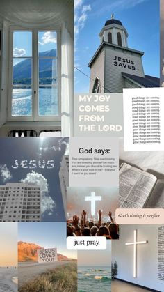 a collage of images with the words jesus saves from the lord written in white