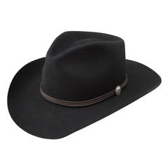 The Woodrow, a new Stetson cowboy hat, features a 3.5" brim and 4.25" crown, offering both style and sun protection in a pure wool construction. Made in the USA, this black hat showcases a luxurious 3-cord leather hat band with a buffalo nickel, blending classic Western charm with contemporary design. Experience the perfect fusion of timeless style and modern appeal with the Woodrow cowboy hat from Stetson.    Brim - 3.5"  Crown - 4.25"  Black  Pure Wool  Made in the USA Classic Flat Bill Top Hat For Western-themed Events, Country Style Short Brim Hat For Riding, Country Style Fedora Riding Hat, Country Style Fedora Hat For Riding, Country Style Fedora For Riding, Classic Riding Hat With Curved Brim, Classic Fedora For Riding, Classic Flat Bill Hats For Country Events, Classic Riding Hat With Short Brim