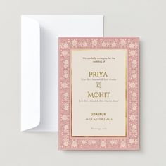 wedding card with pink and gold border