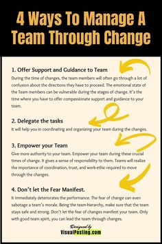 the four ways to manage a team through change info sheet with text and images on it