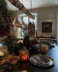 the table is full of food and drinks