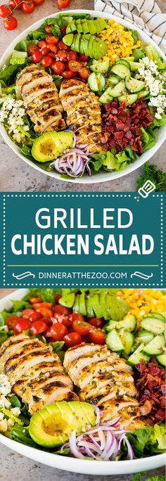 grilled chicken salad with tomatoes, cucumber and avocado in the middle