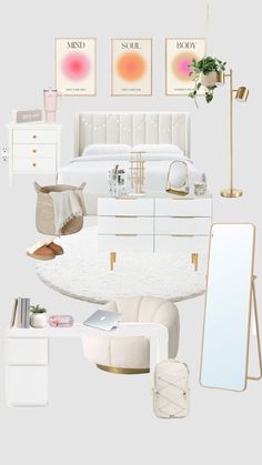 a bedroom with white furniture and accessories in it