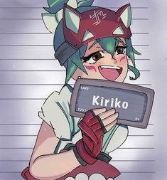 an anime character holding a sign with the word kiroko on it's chest