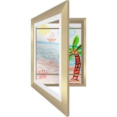 an open window with a palm tree and beach scene painted on the glass in it