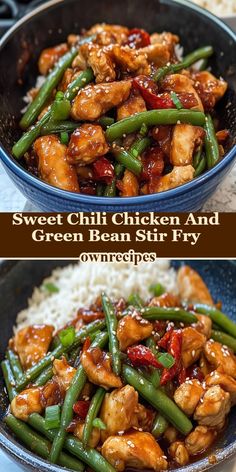 Sweet Chili Chicken, Green Bean Stir Fry, Asian inspired, Quick and easy, Weeknight dinner, Spicy, Homemade sauce Easy Healthy Asian Recipes, Healthy Stir Fry Recipes, Asia Foods, Crunchy Green Beans, Chicken And Green Bean, Green Bean Stir Fry, Bean Stir Fry, Chicken And Green Beans, Chinese Dishes Recipes