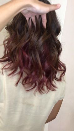 Peek A Boo Color, Burgundy Brown Hair, Hairstyle Brunette, Purple Brown Hair, Peekaboo Hair Colors, Plum Hair, Peekaboo Hair, Brown Hair Dye, Red Brown Hair