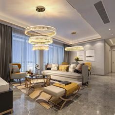 a living room filled with furniture and a chandelier