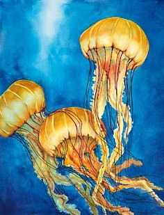 two yellow jellyfish are swimming in the blue water with their tails curled up and looking like they're floating