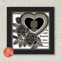 a card with a silhouette of a woman and roses in the shape of a heart