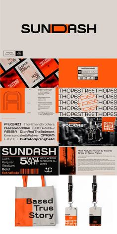 the sundash logo and its identity are shown in orange, black and white