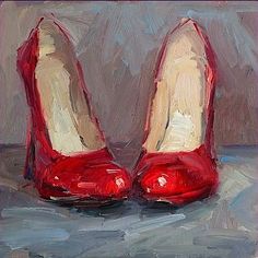 a painting of two red shoes sitting on top of a table