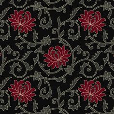 a black background with red flowers and swirls