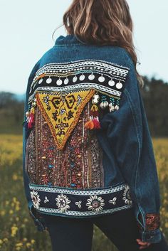 Bohemian Denim Blue Embroidered Outerwear, Hippie Blue Denim Jacket, Bohemian Denim Jacket With Floral Embroidery, Bohemian Embroidered Denim Outerwear, Black Embroidered Denim Outerwear