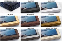 different types of wood frames with the names and pictures below them in black, white, gold, silver, or bronze