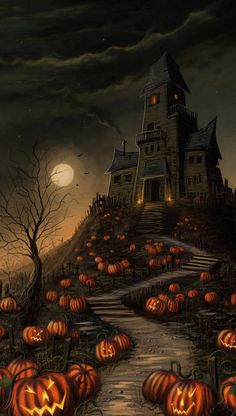 a halloween scene with pumpkins on the ground and a creepy house in the background