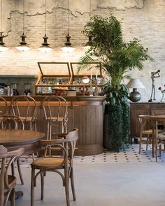 a restaurant with wooden tables and chairs next to a plant on the counter, in front of a brick wall