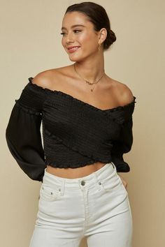 Black Top - Off-the-Shoulder Top - Puff Sleeve Top - Crop Top | Boho Pink Stay With Me, Cropped Blouse, Long Puff Sleeves, Puff Sleeve Top, Crop Blouse