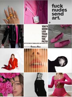 a collage of photos with pink and black colors, including women's clothing