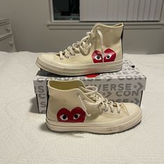 Size 9 Off White With Red Heart On Side. Barely Worn. Casual Sneakers With Heart Print And Round Toe, Casual Heart Print Sneakers With Round Toe, White Converse Red Heart, Womens Converse, Converse Shoes, Red Heart, Womens Shoes Sneakers, Shoes Sneakers, Converse