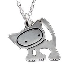 a silver necklace with an image of a cat on it's face and legs