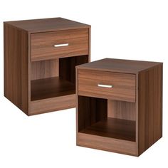 two wooden nightstands with one drawer open and the other closed on both sides, side by side