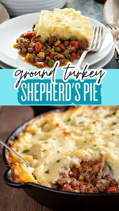 a casserole dish with ground turkey and shepherd's pie