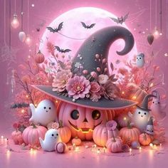 a pink halloween scene with pumpkins, cats and bats on the ground in front of a full moon