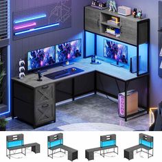 a computer desk with multiple monitors and chairs