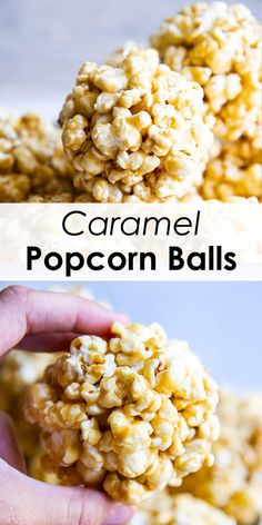 two pictures of popcorn balls with the words caramel on top