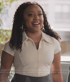 Zara’s+white+zip+front+top+on+Abbott+Elementary.++Outfit+Details:+https://wornontv.net/430366/ Paris Family, Kimmy Schmidt, Unbreakable Kimmy Schmidt, Lilly Singh, Housewives Of Atlanta, Housewives Of New York, Housewives Of Beverly Hills, Stretch Top, Emily In Paris