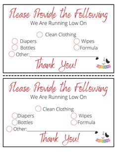 two printable labels with the words, please provide the following and thank for each other