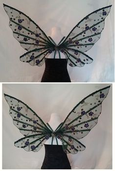 two pictures of the same butterfly wings in different stages of flight, one with blue and green flowers on it's wings